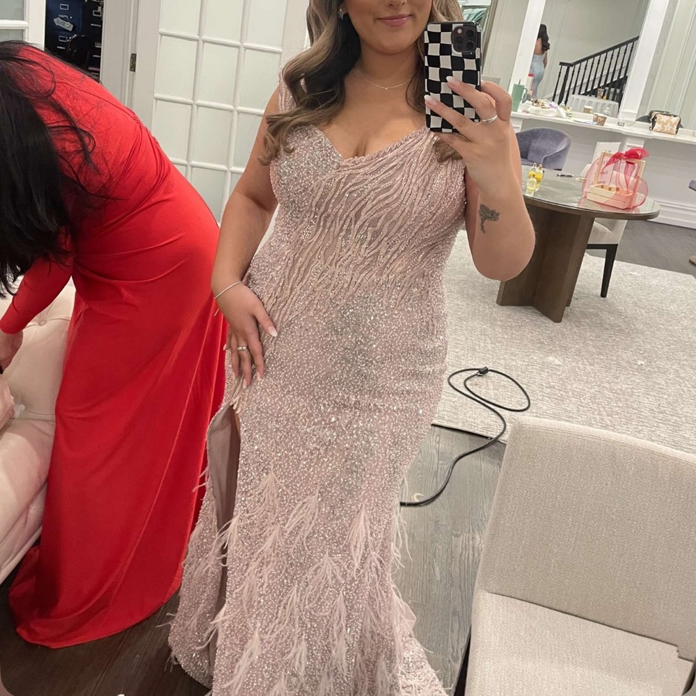Couture Light Pink Sequin Feather Evening Gown